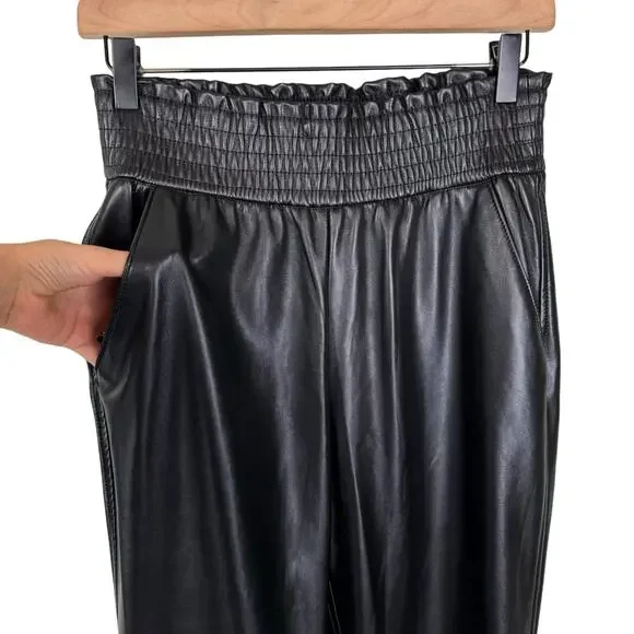 Joie Black Faux Leather High Smocked Waist Straight Leg Pull On Pants - Picture 4 of 6